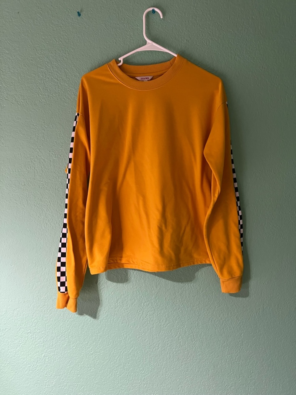 Stella Tweed Yellow Crewneck Sweatshirt with Checker Sleeve Stripes